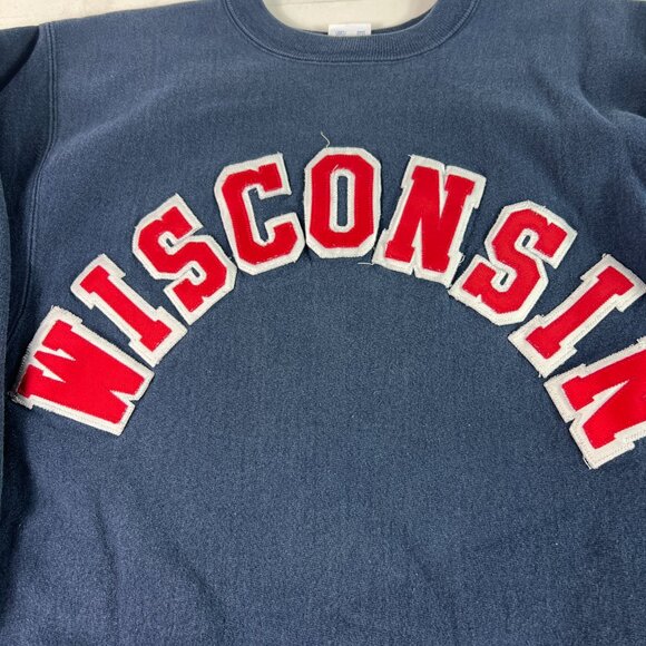 VTG Champion Reverse Weave Wisconsin Badger Sweatshirt Extra Large Blue Crewneck - Picture 2 of 14
